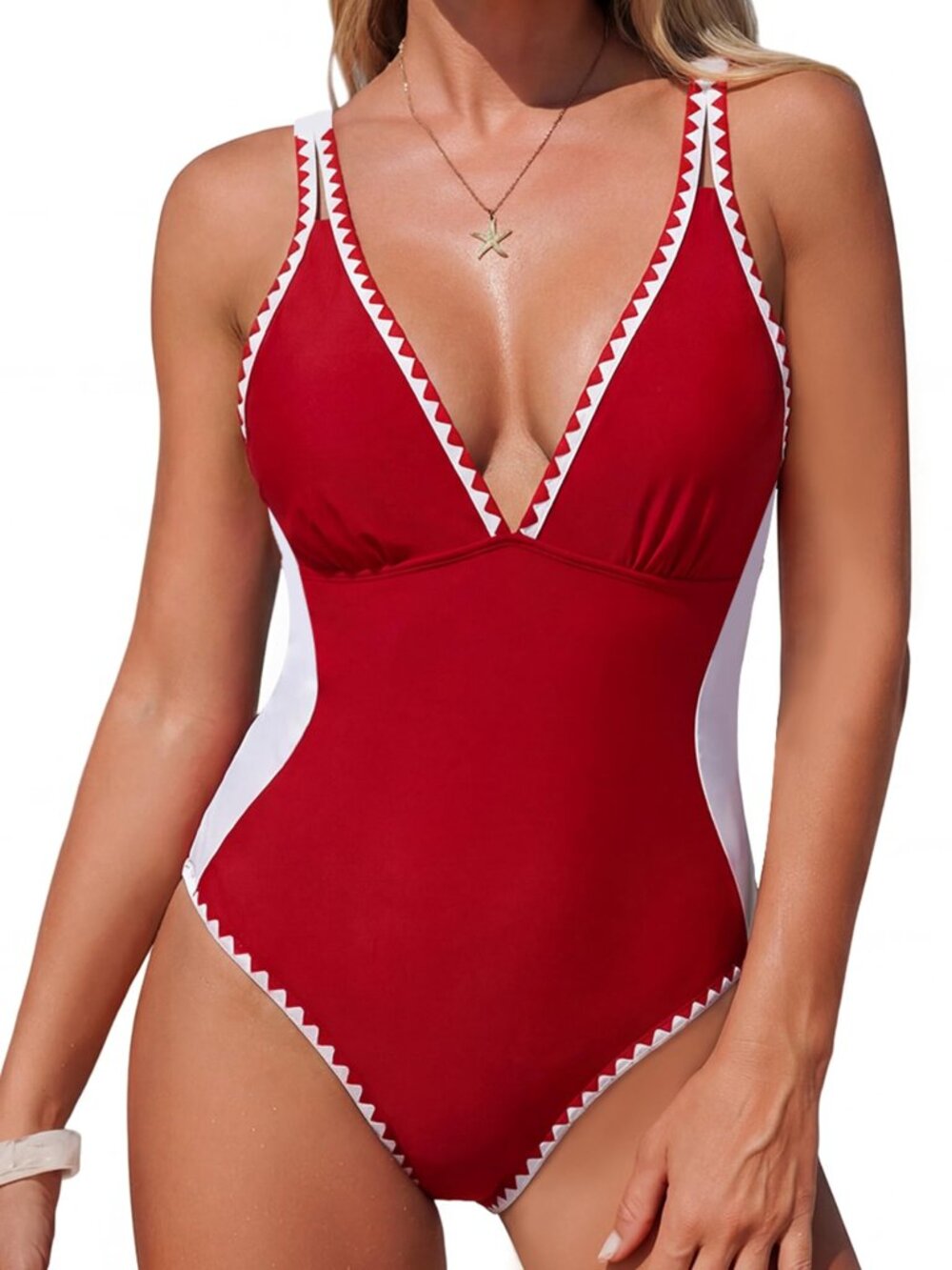 Tummy Control One Piece Color Block Shell Stitch Swimsuit